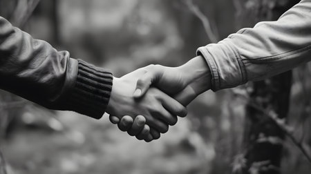 Handshake of two people in the forest. Black and white photo.の素材