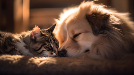 Cute cat and dog sleeping together on the bed at home.の素材