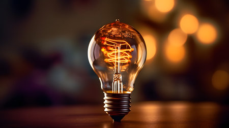 Glowing light bulb on a dark background with bokeh effectの素材