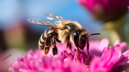 Bee on pink flower in the garden. Shallow depth of field.の素材