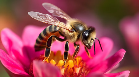 Closeup of a bee on a pink zinnia flower.の素材