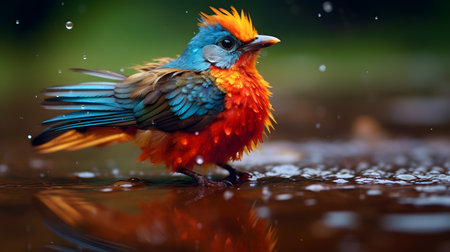 Colorful bird standing in water with rain drops in its beakの素材