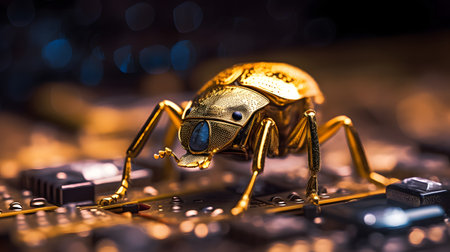 golden bug on computer circuit board, close-up macro photoの素材