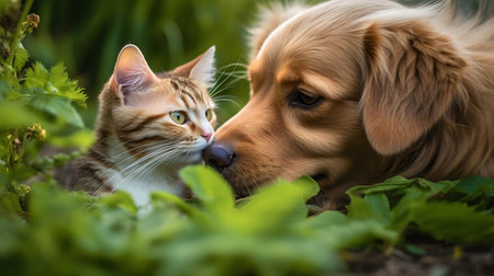 Cute Golden Retriever puppy and tabby cat in the garden.の素材