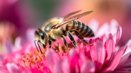 Bee on pink chrysanthemum flower. Macro photography.の素材