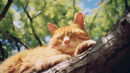ginger cat sleeps on a tree in the park. close-upの素材