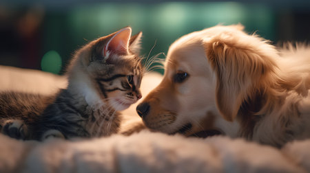 Cute Golden Retriever puppy kissing a tabby cat.の素材