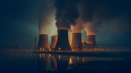 Cooling towers of nuclear power plant at night. Global warming concept.の素材