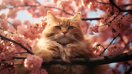 Cute ginger cat sitting on a branch with pink sakura flowersの素材