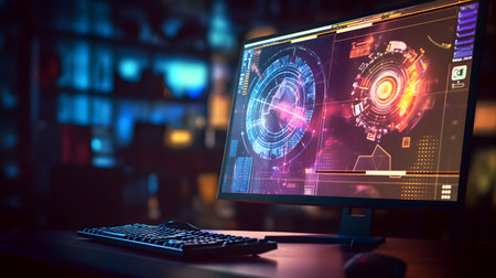 Computer screen with glowing HUD interface. Technology concept. 3D Renderingの素材