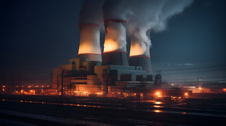 Nuclear power plant with smoking chimneys at night, industrial landscapeの素材