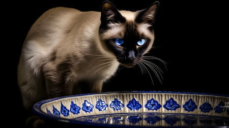 Siamese cat with blue eyes on a plate on a black backgroundの素材