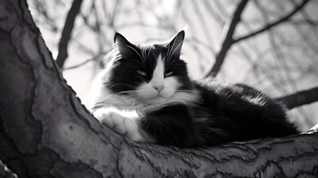 Black and white cat lying on a tree in black and white.の素材
