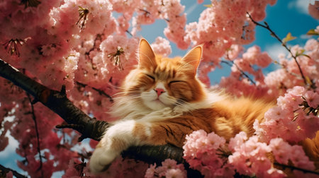 Beautiful red cat lying on blooming cherry tree with pink flowersの素材
