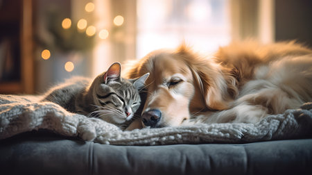 Cute Golden Retriever dog and cat sleeping together on bed.の素材