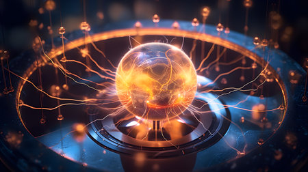 Glowing electric sphere on a dark background. 3D rendering.の素材