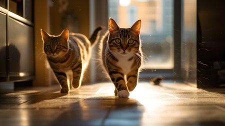 Two cats walking in the street at night, backlit, backlitの素材
