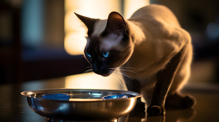 Siamese cat drinking water from a bowl. Selective focus.の素材