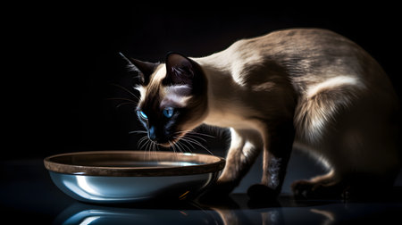 Siamese cat drinking milk from a bowl on black background.の素材