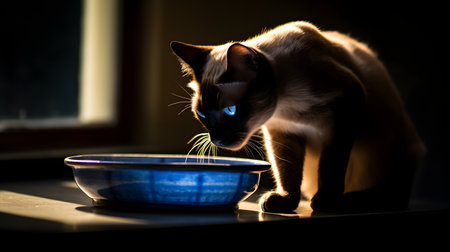 Cat drinking water from a blue bowl in the light of the morning sunの素材