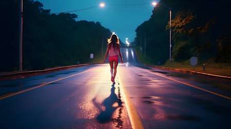 Young woman in a red swimsuit walking on the road at nightの素材
