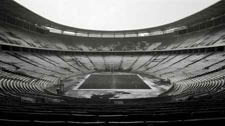 Black and white image of empty football stadium seats and bleachers.の素材