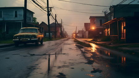 View of the road through the old town at night, in the evening.の素材