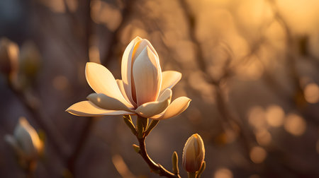Magnolia flower in the rays of the setting sun. Spring background.の素材