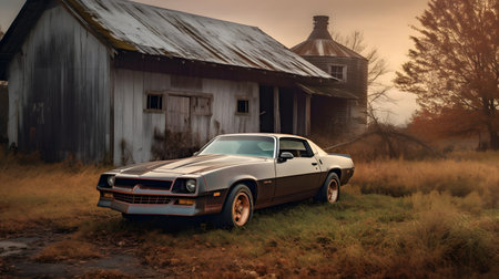 3D rendering of a classic american car in the countryside.の素材