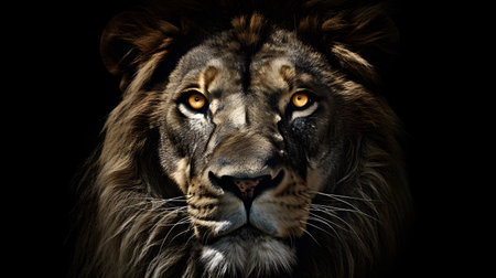 Portrait of a lion on a black background. Close-up.の素材