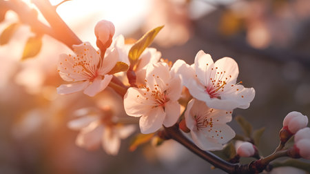 Blossoming branch of cherry on the background of the setting sunの素材