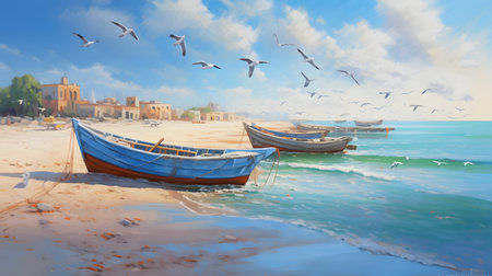 Fishing boats on the beach. Seascape with seagulls.の素材
