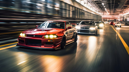 car on the road with motion blur background. vintage color style.の素材