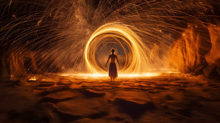 Woman in a long dress dancing in the fire with sparks on the background.の素材