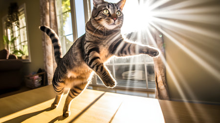 Cute tabby cat jumping on the windowsill at home.の素材