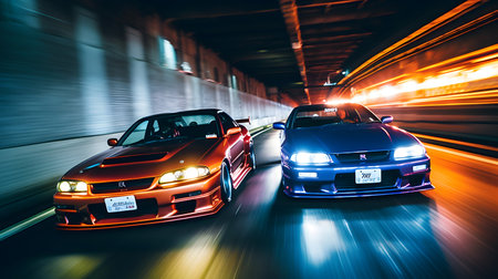 Motion blur of cars on the road with motion blur. Concept of speed and motion.の素材