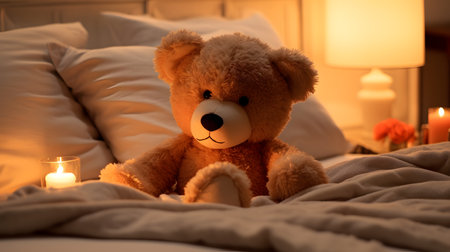 Teddy bear on bed at home in the evening, soft focusの素材