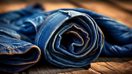 Blue jeans on a wooden background. Close-up. Selective focus.の素材