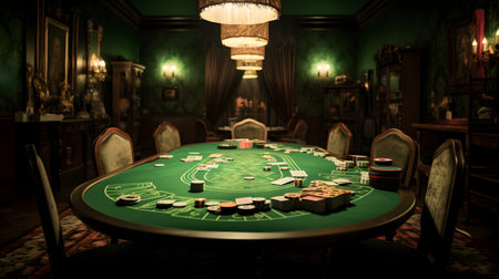 Poker table with chips and cards in the casino. 3d renderingの素材
