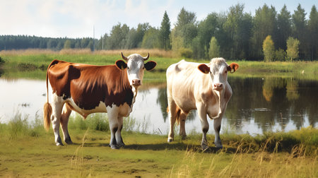 Two cows standing on the bank of a lake in the summer.の素材