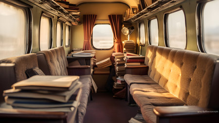 Interior of a vintage train with seats and books in the foregroundの素材