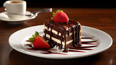 Piece of chocolate cake with strawberry on white plate on wooden tableの素材