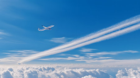 Commercial airplane flying above clouds in the blue sky.の素材