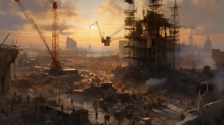 3D illustration of a large industrial area with cranes at sunsetの素材