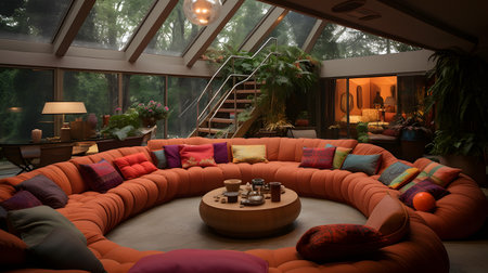 Retro Decor and Cozy Conversation Pit in a 1970s-style Sunken Living Roomの素材