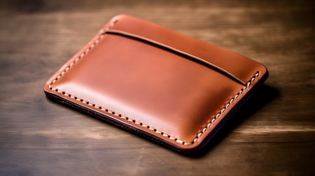 Leather wallet on a wooden background. Brown leather wallet on a wooden background.の素材