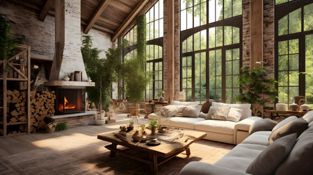 Interior of modern living room with wooden furniture and fireplace. High ceiling.の素材