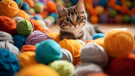 Cute little kitten playing with colorful balls of yarn on wooden floorの素材