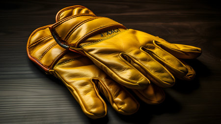 Leather gloves on a dark wooden background. Closeup view.の素材