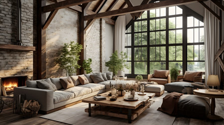 Interior of modern living room with fireplace and wooden beams. High ceil.の素材